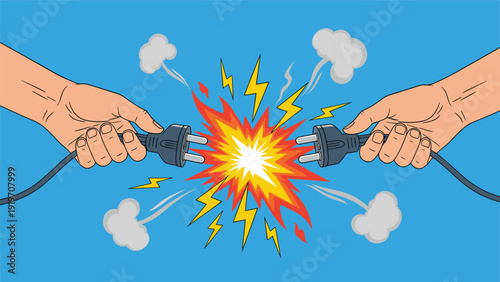 Two hands holding electrical power plugs that are exploding with sparks and fire from a short circuit danger.