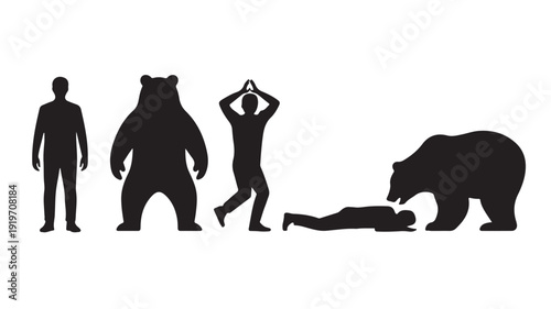 Silhouette of person standing next to bear, person in yoga pose, and bear attacking person on ground in dramatic dark monochrome for self-defense awareness