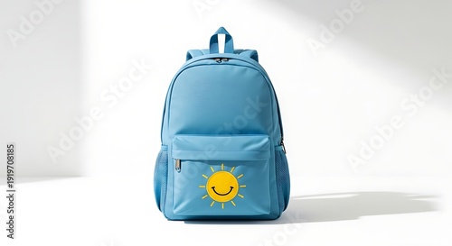 A blue backpack with a smiley face patch sits on a white surface indoors.