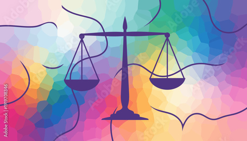 Silhouette of a balance scale on a colorful abstract background.