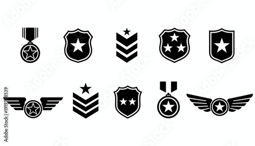 Collection of black military badges and medals on white background.