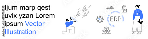 Business automation, ERP, workflow optimization, logistics management, data integration, supply chain systems. Graphics of ERP symbol, logistics icons and a professional team. Business automation