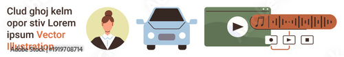 Social media, transportation, digital interfaces, audio streaming, multimedia content, user profiles. A woman s avatar, car icon video player and audio wave display. Social media and transportation