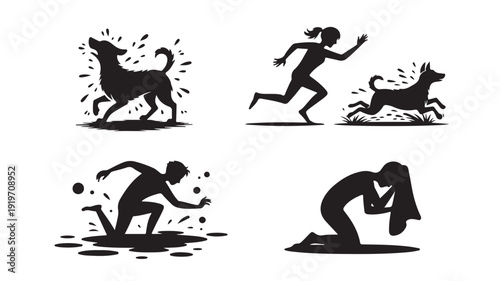 Person Attacked by Dog in Distressful Silhouette with Dynamic Movement in Black and White Vector Illustration for Safety Awareness