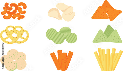 Crispy snacks set with potato chips, nachos, pretzels, cheese puffs and french fries isolated on white background.