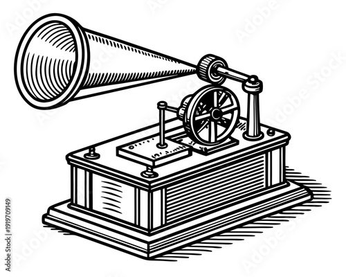 A detailed black-and-white illustration of a vintage gramophone with flared horn and crank viewed from a side angle, highlighting its classic design