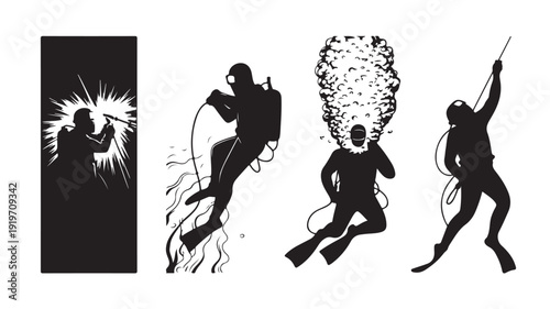Scuba divers in various poses with underwater equipment in black silhouette on white background for adventure travel