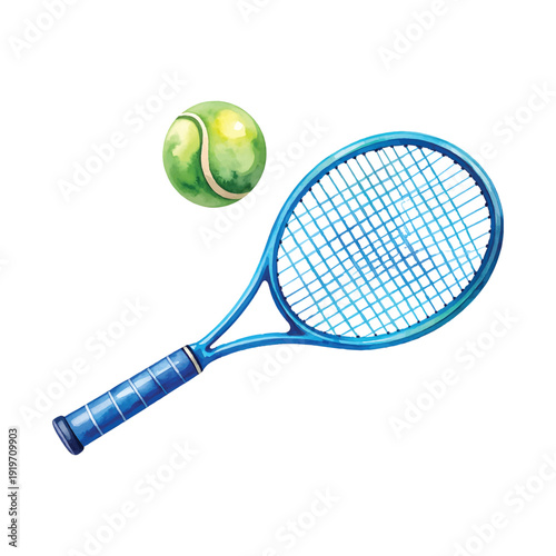 Tennis racket and ball, sports equipment, healthy lifestyle, game, competitive activity, transparent background, vector illustration