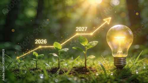 A rising financial line graph made of light connects the plants to the bulb, text labels 2026 and 2027 marking the upward trend. Happy New Year, New Year