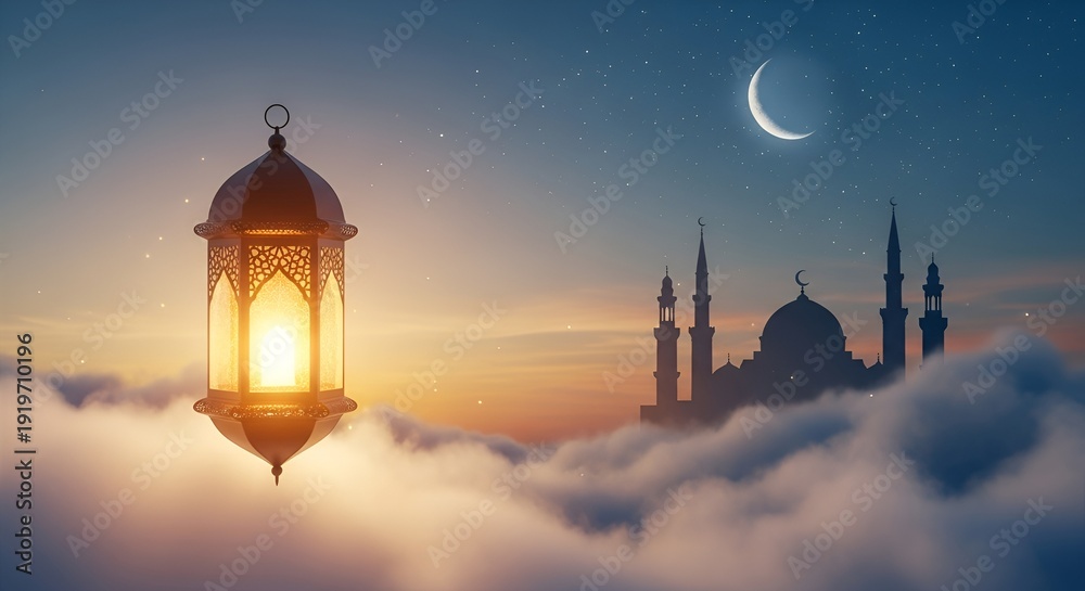 Obraz premium Ramadan Lantern and Mosque Silhouette with Crescent Moon and Clouds at Dusk, Islamic Culture and Religion Celebration, Photography
