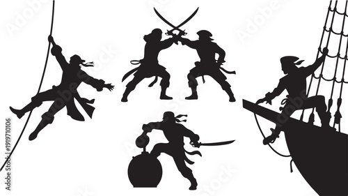 Pirates Fighting on Ship Silhouettes in Action Dramatic Black Dark Fantasy for Adventure Illustration