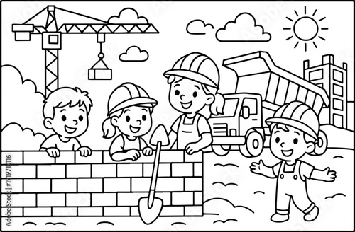 hand drawn vector doodle illustration of detailed construction site coloring page for kids line art