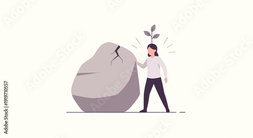 Businessman pushing a rock with a sprouting plant, symbolizing growth and innovation.