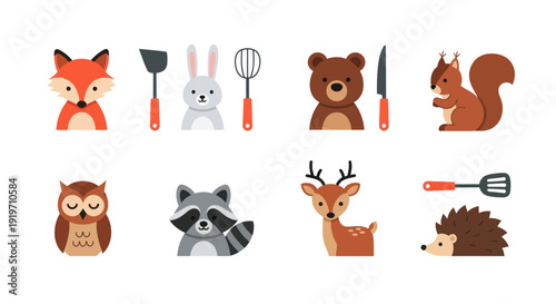Fotografía Cartoon animals and kitchen utensils