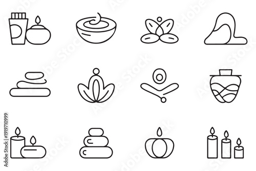 Spa and wellness icons in line art style, relaxation and beauty concepts