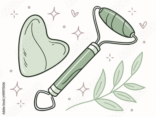 Aesthetic Jade Roller and Gua Sha Stone Vector Illustration with Botanical Leaves for Skincare Ritual
