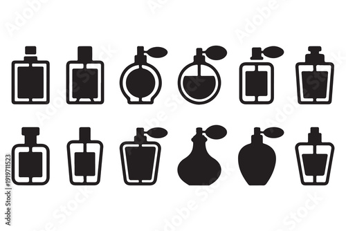 Set of perfume bottle icons with spray actuators in various forms for cosmetic and fragrance marketing