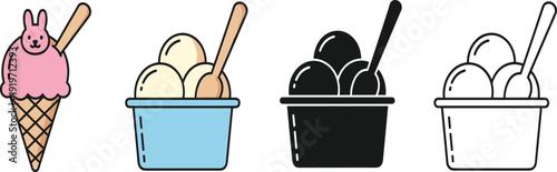 Ice cream scoops set with cute pink bunny cone, vanilla scoops in bowl with spoon and outline icons on white background.