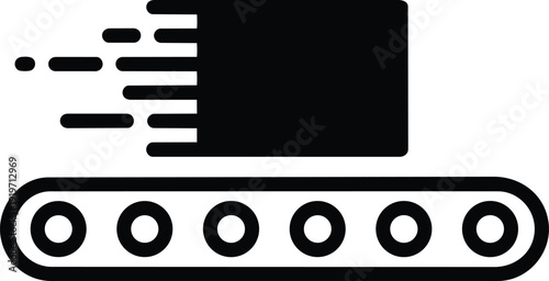 Fast Moving Black Product on a Conveyor Belt Icon, Symbolizing Production Line, Logistics, or Industrial Automation Process