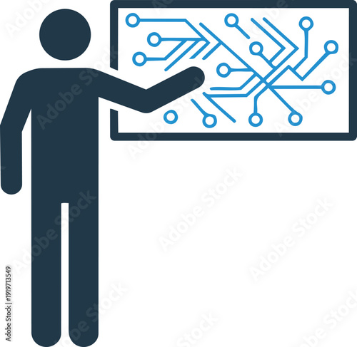 Person Explaining Digital Circuit Board Diagram on Screen, Technology Presentation and Education Concept