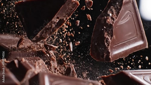 Cinematic chocolate explosion with broken bars, shattering pieces, and chocolate debris in mid-air, captured in a close-up shot