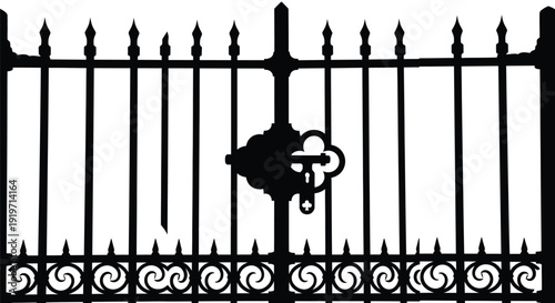 A black silhouette of a decorative wrought iron gate with a scroll pattern