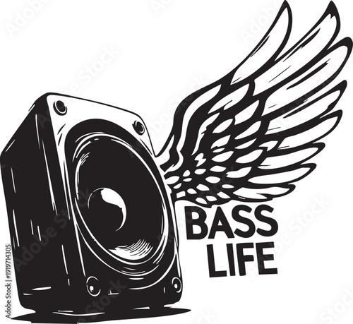 Black speaker with winged bass life logo on white background music concept