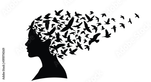 Silhouette of a woman's head with birds flying out of her hair symbolizing freedom