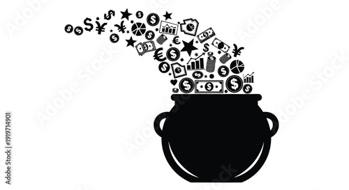 A cauldron overflows with a cascade of financial symbols and currency.