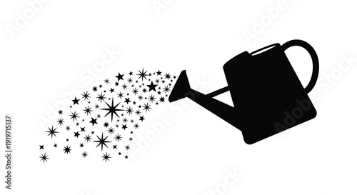 A watering can sprays out a stream of sparkling stars on a white background.