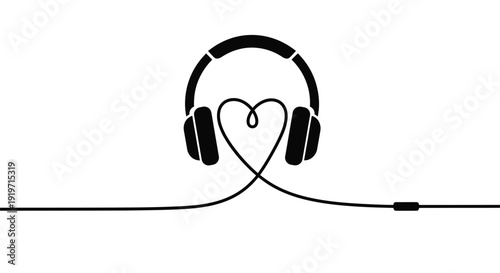 A pair of headphones form a heart shape with their cord.
