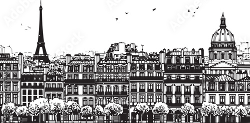 A black and white illustration of the Paris skyline featuring the Eiffel Tower and other famous buildings