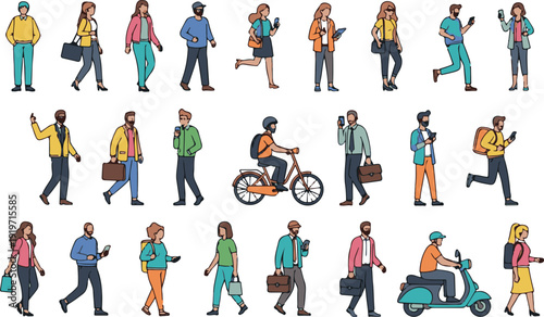 A diverse group of people walking and commuting in various ways on a white background