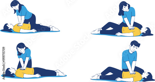 An infographic illustrates four different CPR techniques being performed by a woman and a man on a person lying on the ground