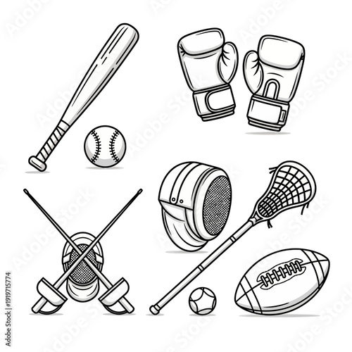 Various Sports Equipment Icons in Black White.