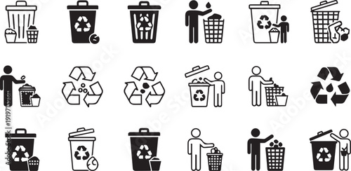 A collection of black and white recycling icons on a white background showing people recycling and waste management