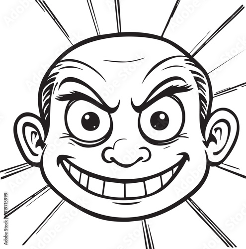 PCartoon man with a maniacal grin on a black background with black lines radiating from headrint