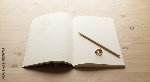 An open book with a pencil and eraser on a wooden desk.