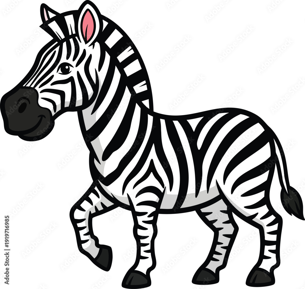 Obraz premium A cartoon vector illustration of a wild striped zebra mammal with black stripes standing isolated on a white background for safari and wildlife nature themes