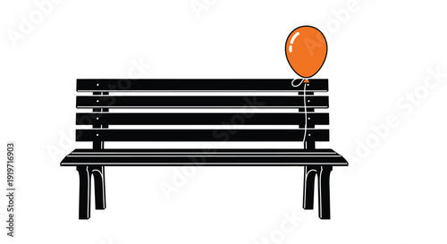 A single orange balloon is tied to a park bench on a white background.