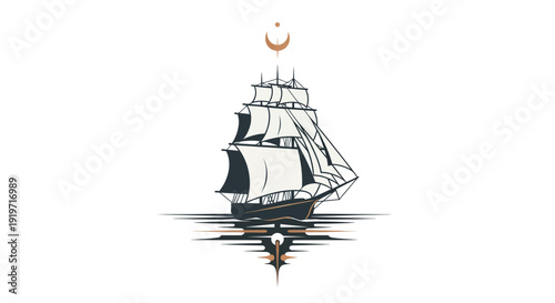 Sailing ship silhouette with moon above reflections on a white background