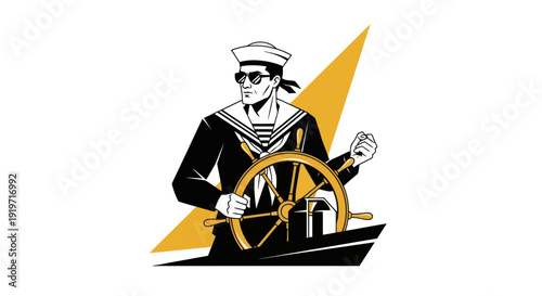 Sailor at helm in vector graphic with white background and yellow accent