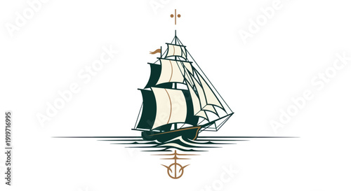Sailing ship silhouette elegant vector illustration on white background