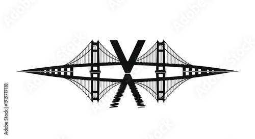 Symmetrical bridge reflection creates a striking abstract graphic against a white background