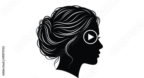 Silhouette of a woman's head with a play button overlaid on her eye.