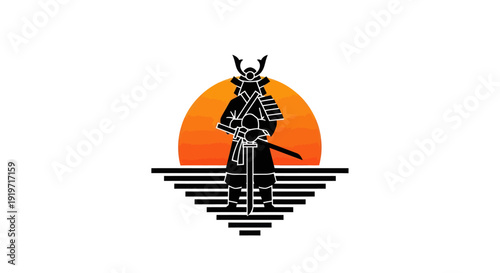 Silhouette of a samurai warrior with sunset background in vector