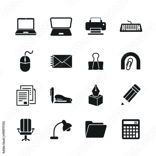 Collection of black office icons on white background.
