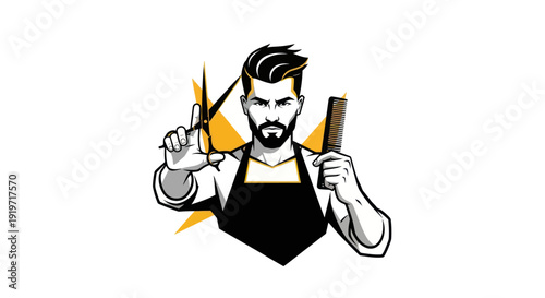 Stylized barber illustration with tools and modern hair design