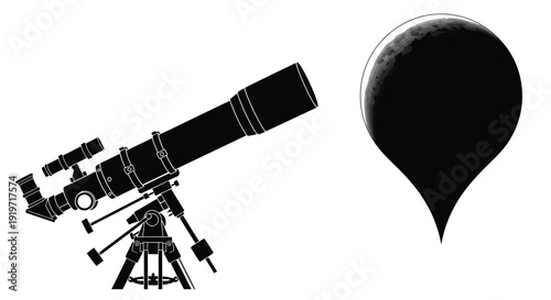 A telescope points towards a graphic representation of a celestial body.