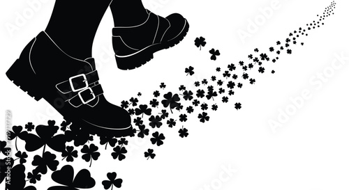 A dancer's feet in traditional shoes leaving a trail of shamrocks.